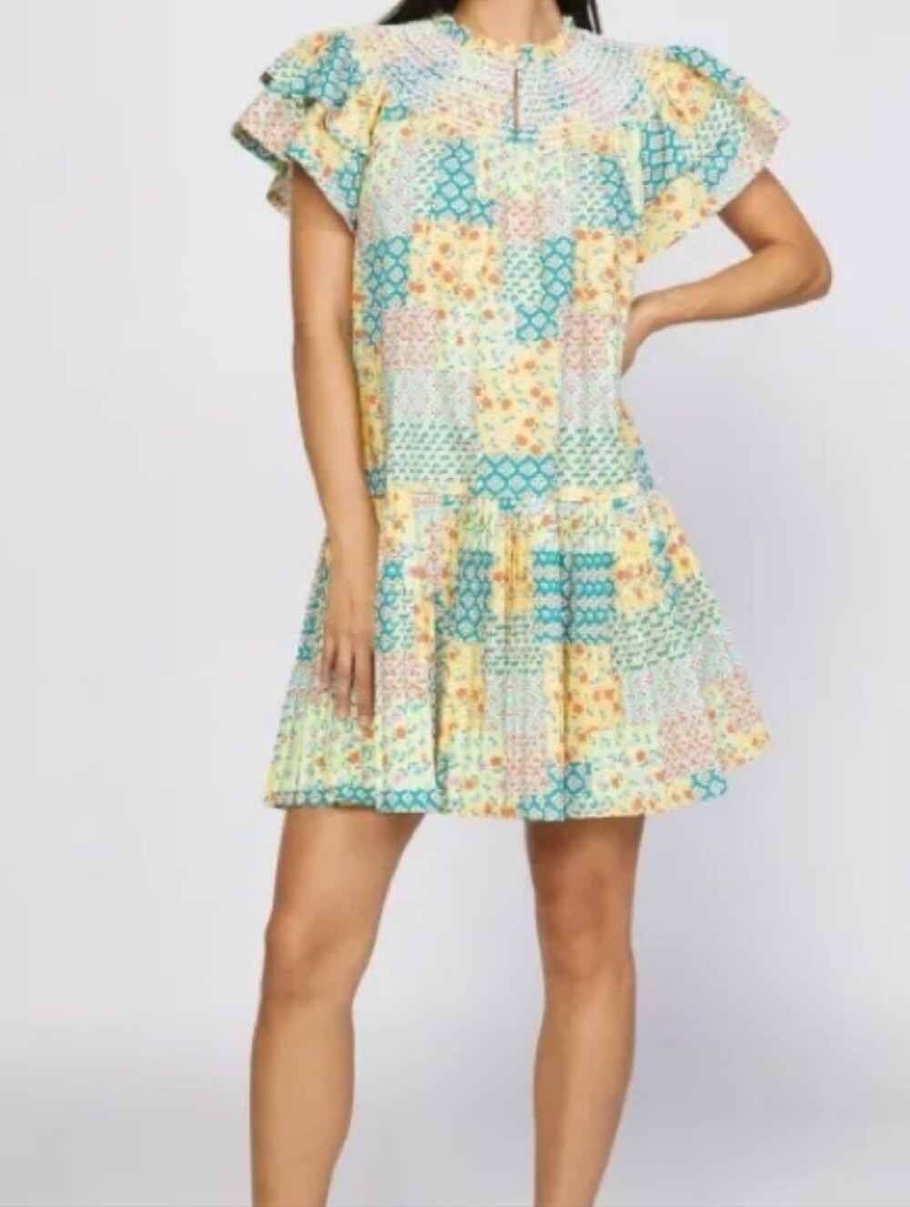 Current Air Yellow & Green Smocked Patchwork Floral Dress - Size L